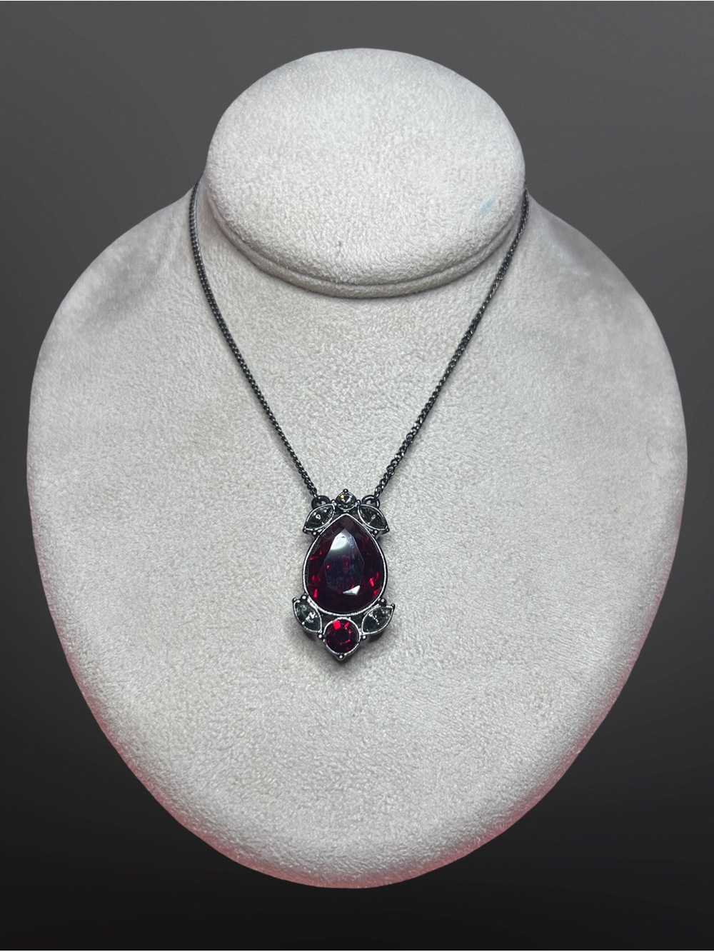 Givenchy Signed Gunmetal Chain Necklace with Red Teardrop Crystal Pendant 16"